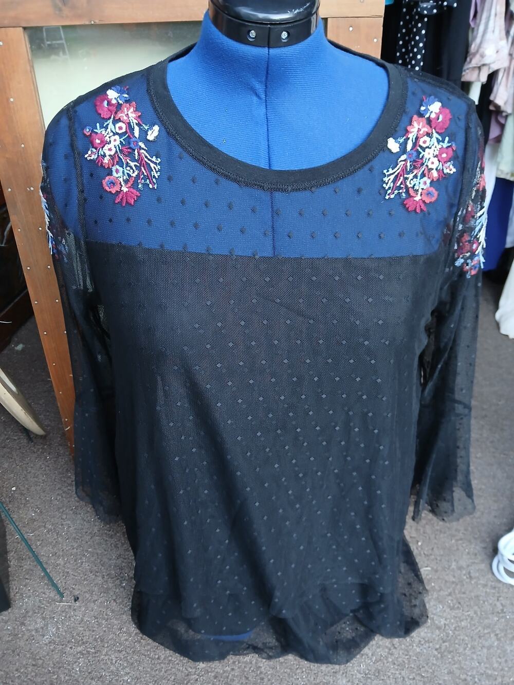 Lane Bryant Black Embroidered Bell Sleeve Mesh Top 18 20 Fall Autumn Layered
